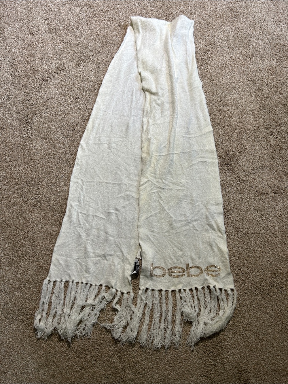 bebe Cream Knit Fringe Scarf with Gold Logo